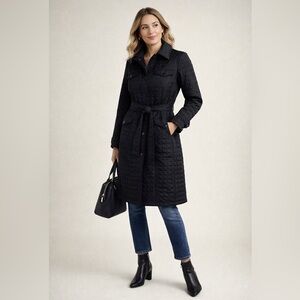 Express Women’s Black Quilted Belted Coat Knee Length Trench Style Size 10